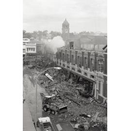 Smouldering ruins of Reid's (Cribb & Foote), Bell Street, Ipswich, August 1985