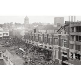 Smouldering ruins of Reid's (Cribb & Foote), Bell Street, Ipswich, August 1985