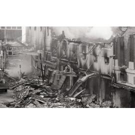 Smouldering ruins of Reid's (Cribb & Foote), Bell Street, Ipswich, August 1985