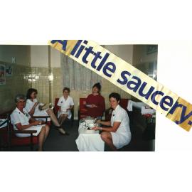 MIDWIFERY Scrapbook 1991 TO 1998, 5 staff sharing a meal, c1994
