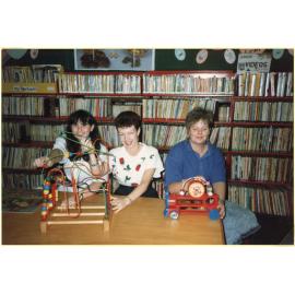 Library staff Cathy Frankish, Tanya Jen, and Marianne Ryan, Ipswich Municipal Library, Ipswich Centre, Bell & East Streets, Ipswich, c.1989