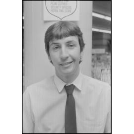 Unidentified man thought to be a staff member at Redbank Plaza Shopping Centre during the grand opening, Redbank, September 1985