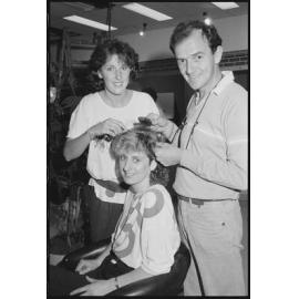 Unidentified people in a salon in Redbank Plaza Shopping Centre during construction, Redbank, September 1985