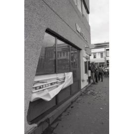 Damaged to the Westpac building, in the aftermath of the Reid's (Cribb & Foote) fire, Bell Street, Ipswich, August 1985