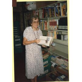 Library staff member Jill Wellington, Ipswich Municipal Library, Ipswich Centre, Bell & East Streets, Ipswich, c.1989