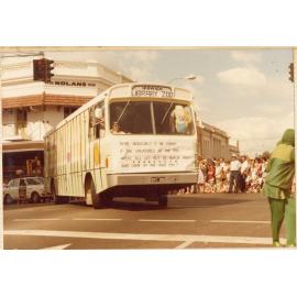 Library Bookmobile, as the "Library Zoo", in a parade, corner Nicholas and Brisbane Street, Ipswich, c.1980