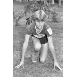 Unidentified boy wearing Little Athletics Association uniform, Ipswich, Queensland, September 1985