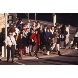 Pedestrians crossing at a street corner, thought to be Brisbane, Queensland, 1988