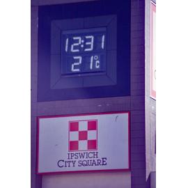 Signage and clock for "Ipswich City Square", corner Brisbane and Bell Streets, Ipswich, c.1992