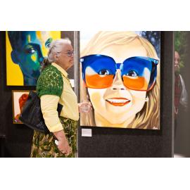 Textile artist Dorothy Walsh viewing exhibits at the Ipswich Art Awards, 2023