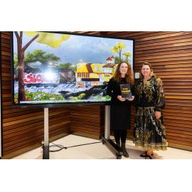 Mayor Teresa Harding with one of the winner of the New Media category, Ipswich Art Awards, 2023