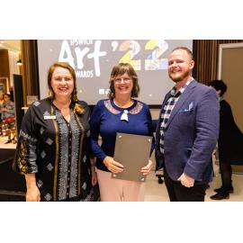 Mayor Teresa Harding, unidentified artist, and Councillor Andrew Fechner, at the Ipswich Art Awards, 2022