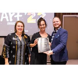Mayor Teresa Harding with artist Kate Douglas and Councillor Andrew Fechner at the Ipswich Art Awards, 2022