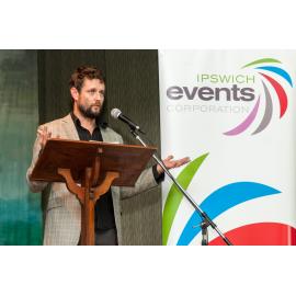 Artist Ben Quilty speaking at the Ipswich Art Awards, 2015