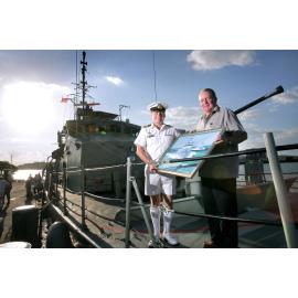 Lt Commander Darren Grogan with his father Martin Grogan on HMAS Ipswich during its last journey before being decommissioned, Moolooaba, Queensland, April 2007