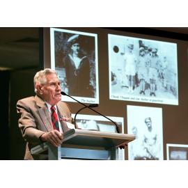 Alan Grimmer, former HMAS Ipswich sailor and author of 'A History of HMAS Ipswich', at the Ipswich Art Gallery