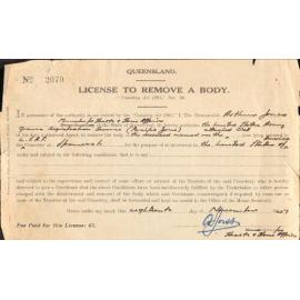 License to Remove A Body for all men interred at Manson Park, 1947