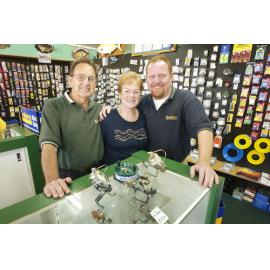 Bunny and Laraine Qualischefski and their son, retiring after 70 years in Downes bait and tackle, Ipswich, July 2004 