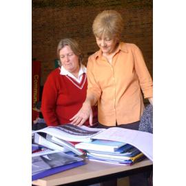 Leann Dakin and Lesley Atkinson- former nursing staff of Challanger Centre at the Boiler House reunion at UQ Ipswich, Ipswich, July 2004 