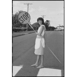 Unidentified lollipop lady, first day of school, Ipswich, January 1986
