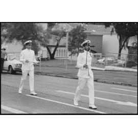 Sailors from H.M.A.S. Ipswich marching along Limestone Street, during a 'Freedom of Entry to the City' event, Ipswich, January 1986