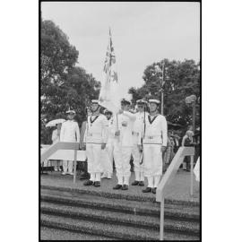 Sailors from H.M.A.S. Ipswich standing on the steps of the Ipswich Civic Centre, during a 'Freedom of Entry to the City' event, Nicholas Street, Ipswich, January 1986