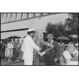 H.M.A.S. Ipswich 'Freedom of Entry to the City' event, on the steps of the Ipswich Civic Centre, Nicholas Street, Ipswich, January 1986