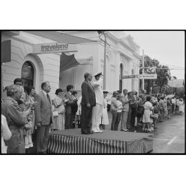 Sailors from H.M.A.S. Ipswich marching past the dais, during a 'Freedom of Entry to the City' event, Brisbane Street, Ipswich, January 1986