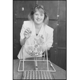Unidentified lady calling bingo, location unknown, 1st August 1994