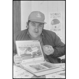 Unidentified man promoting a Red Noses Day event, location unknown, 1st August 1994