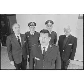 Salvation Army Police Chaplain Kevin Hentzschel, with two unidentified Police Chaplains and two Police Officers, Ipswich, 1st August 1994