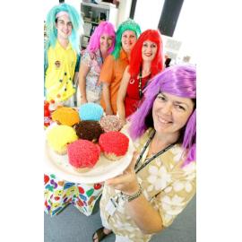 Ipswich Hospital payroll services staff Andrew Ham, Tracey Clark-Robertson, Lynn Rawlings, Narelle Devantier and Anne Coleman have a Dress Bright Day for their Tsunami Fundraiser, Ipswich, 21st January 2005