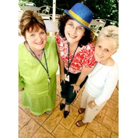 Ipswich Hospital staff Denise Brewster-Webb, Kate Harris and Rosie Laidlaw having fun on their Dress Bright Day Tsunami fundraiser, Ipswich, 21st January 2005