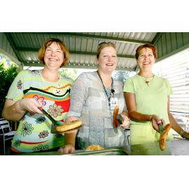 Ipswich Hospital staff Helen Snowling, Sandra West and Penelope Purslow serve up lunch at their Dress Bright Day Tsunami Fundraiser, Ipswich, 21st January 2005