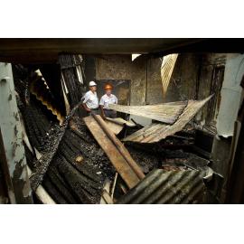 Security guards Ray Jorgensen and Roger Woodward were on duty when the Old Education Centre at the hospital burnt, Ipswich, 9th February 2005
