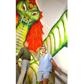 Charlie Pisasale with artist Tony Rice at the sneak preview of the new exhibition at the Ipswich Art Gallery called Colourful Kites, Ipswich, 16th February 2005
