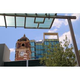 Ipswich Post Office and Icon building, framed by the awning of Tower Central, Ipswich, January 2014