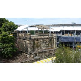 Sandstone abutments of the former road bridge over the Bremer River, North Ipswich, 2017