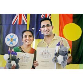 Jay Kapadia and her son Dipesh Kapadia have become Australian citizens on Australia Day, the family originated from Fiji, Ipswich, 26th January 2011