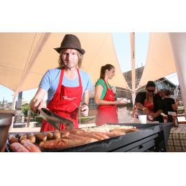 Druce Davey and Charlotte Rashleigh from Jamie's ministry of Food prepare a free Australia Day barbeque for Ipswich residents in Darcy Doyle Place, Ipswich, 26th January 2011 