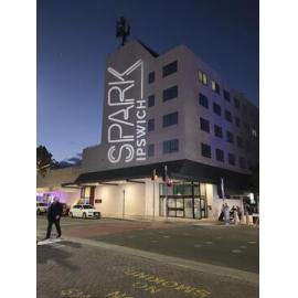 SPARK Ipswich, sign projected on to 143 Brisbane Street, Ipswich, July 2026