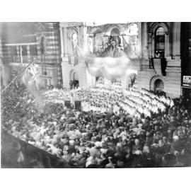 Gathering in front of the Old Town Hall for Coronation of Queen Elizabeth II, Brisbane Street, Ipswich, June 1953