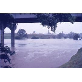 Flood waters at 36 feet (10.9m) under the David Trumpy Bridge, 8:30am, 26th January 1974