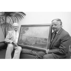 Mayor Des Freeman accepts "View of Ipswich from Limestone Hill", c.1861, by artist William Francis Emery, from Les Thomas, Ipswich, Thursday 20th March 1986