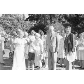 Sir James Ramsay, Governor of Queensland, and unidentified people gathered at the memorial in honour of Mary Aileen Bell, Coochin Coochin, Scenic Rim, April 1980