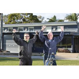 Sandy Gallop and now Karana Downs Golf Clun owner Brett Lawton with original foundation member Ken Parker raise their clubs to the re-opening of the golf course, Ipswich, 24 May 2013