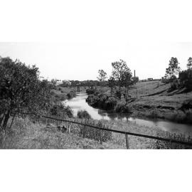 Bremer River, Ipswich, with Railway Bridge and St Mary's in background, 1940s