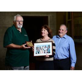 Ipswich Musical Theatre Company retiring Treasurer Greg Murray is presented with a Life Membership by Artistic and Musical Director Brenda Ryan and President Ken Mundt, Ipswich, 6 May 2013