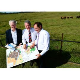 Sekisui House project director Craig De Costa explains details about the Ripley Valley development to Energy and Water Supply Minister Mark McArdle, Member for Ipswich Ian Berry and Sekisui House director Stephen Williams, Ripley, Ipswich, 9th May 2013