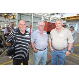 Barry Taege, Walter Collingwood and Ian Geeves at the reunion of former carriage builders, wagon builders and trimmers hosted by the Workshops Rail Museum, Ipswich, 11 May 2013